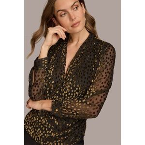Donna Karan Brown and Black Leopard Print V-Neck Wrap Blouse